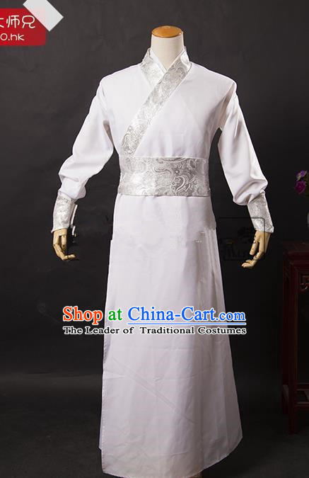 Traditional Ancient Chinese Swordsman Costume White Long Robe, Asian Chinese Han Dynasty Kawaler Clothing for Men