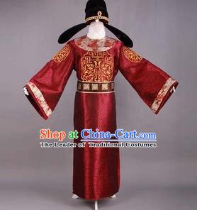 Traditional Ancient Chinese Prime Minister Costume and Headpiece, Asian Chinese Tang Dynasty Chancellor Clothing for Men