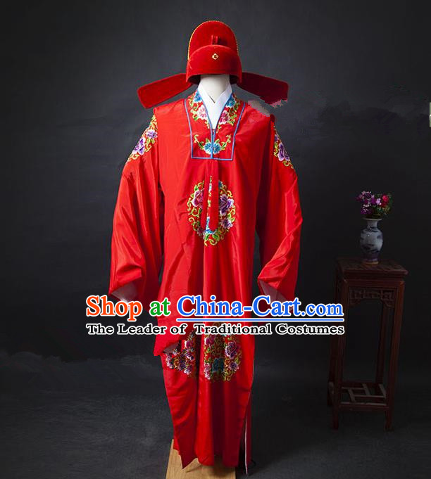 Traditional Ancient Chinese Wedding Bridegroom Costume, Asian Chinese Ming Dynasty Embroidered Red Robe Clothing for Men