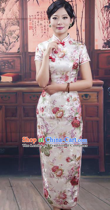 Traditional Ancient Chinese Republic of China Long Cheongsam Costume, Asian Chinese Printing Silk Chirpaur Dress Clothing for Women