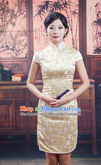 Traditional Ancient Chinese Republic of China Short Golden Cheongsam Costume, Asian Chinese Printing Silk Chirpaur Dress Clothing for Women