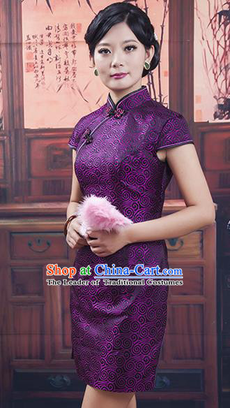 Traditional Ancient Chinese Republic of China Short Purple Cheongsam Costume, Asian Chinese Printing Silk Chirpaur Dress Clothing for Women