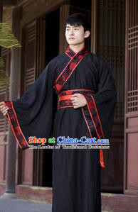 Asian China Ancient Han Dynasty Costume, Traditional Chinese Hanfu Embroidered Curve Bottom Clothing for Men