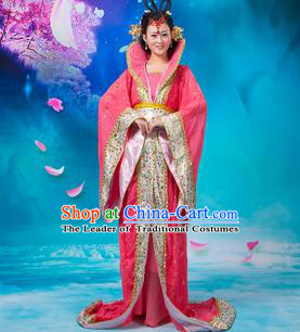 Asian China Ancient Tang Dynasty Imperial Concubine Costume, Traditional Chinese Hanfu Embroidered Red Dress Clothing for Women