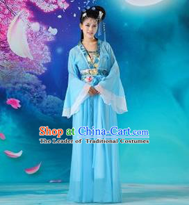 Traditional Ancient Chinese Palace Lady Fairy Costume, Asian Chinese Tang Dynasty Princess Embroidered Blue Dress Clothing for Women