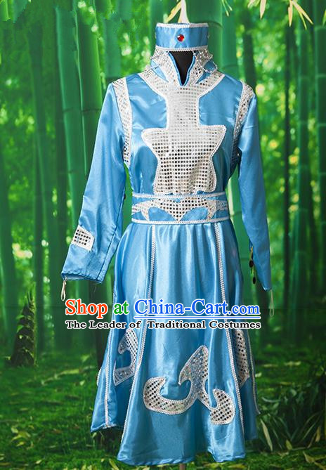 Traditional Chinese Mongol Nationality Dancing Costume, Mongols Female Ethnic Pleated Skirt, Chinese Mongolian Minority Blue Costume for Women