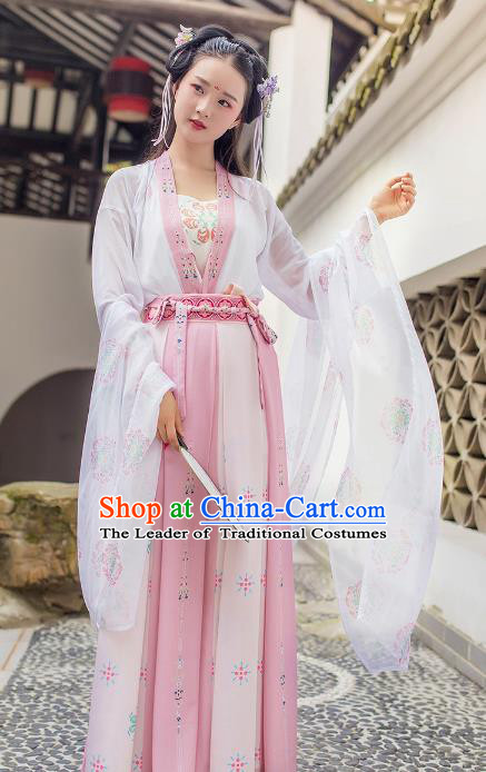 Asian Chinese Tang Dynasty Princess Embroidered Slip Skirt Costume, Ancient China Young Lady Embroidery Clothing Complete Set