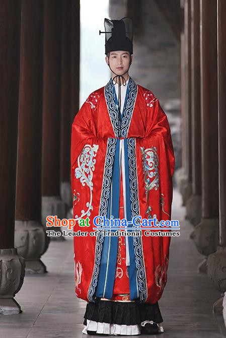 Asian Chinese Tang Dynasty Wedding Bridegroom Embroidered Costume, Ancient China Emperor Embroidery Clothing Complete Set