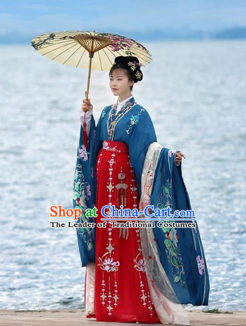 Asian Chinese Tang Dynasty Imperial Consort Wedding Embroidered Costume, Ancient China Embroidery Blouse and Skirt Complete Set