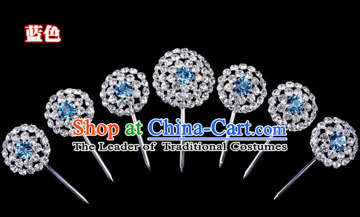 Traditional Beijing Opera Diva Hair Accessories Blue Crystal Head Ornaments Complete Set, Ancient Chinese Peking Opera Hua Tan Round Hairpins Hair Stick Headwear