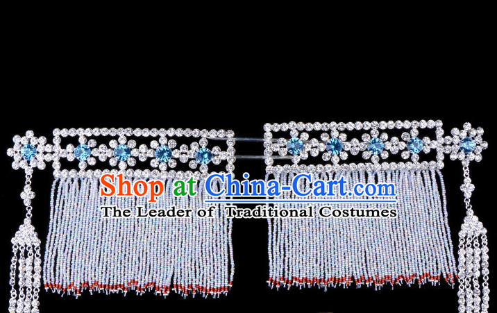 Traditional Beijing Opera Diva Hair Accessories Blue Crystal Head Ornaments Temples Curtain Hairpins, Ancient Chinese Peking Opera Hua Tan Tassel Hair Stick Headwear