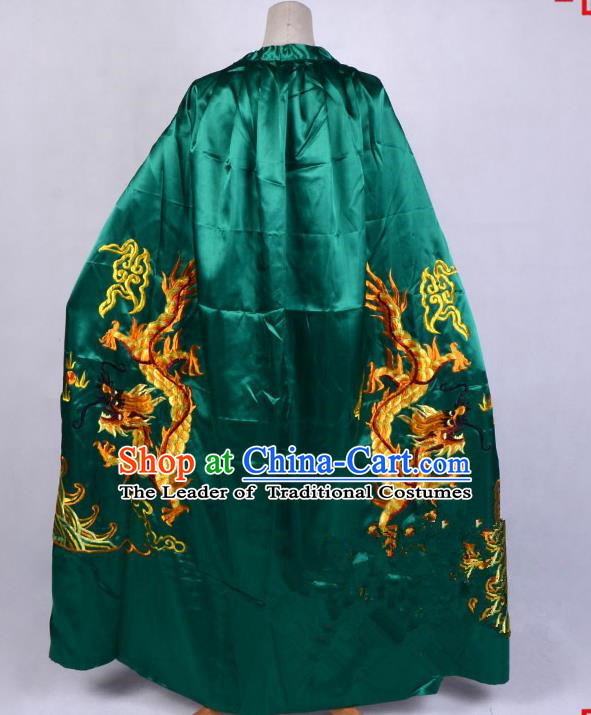 Top Grade Professional Beijing Opera Costume Emperor Embroidered Green Cloak, Traditional Ancient Chinese Peking Opera King Embroidery Dragons Mantle Clothing