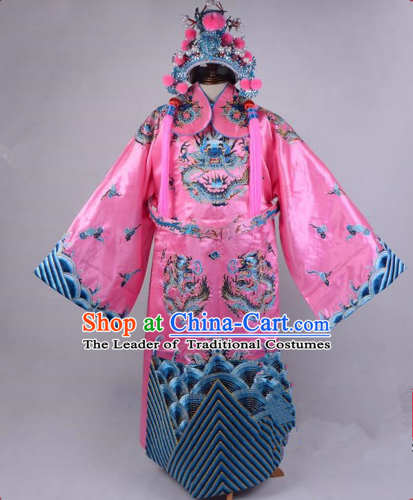 Top Grade Professional Beijing Opera Emperor Costume Royal Highness Pink Embroidered Robe and Belts, Traditional Ancient Chinese Peking Opera Embroidery Dragons Clothing