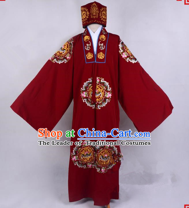 Top Grade Professional Beijing Opera Old Men Costume Red Embroidered Cape, Traditional Ancient Chinese Peking Opera Ministry Councillor Embroidery Robe Clothing