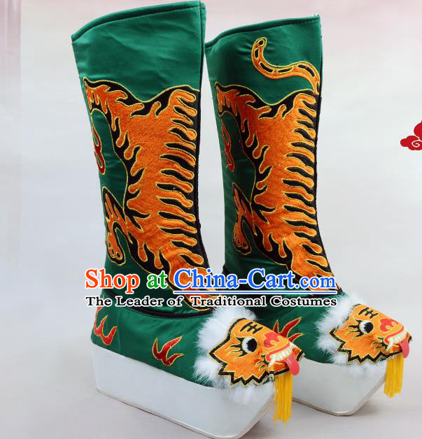 Traditional Beijing Opera Emperor Embroidered Green Boots Tiger-head Shoes, Ancient Chinese Peking Opera Takefu Satin Embroidery High Leg Boots