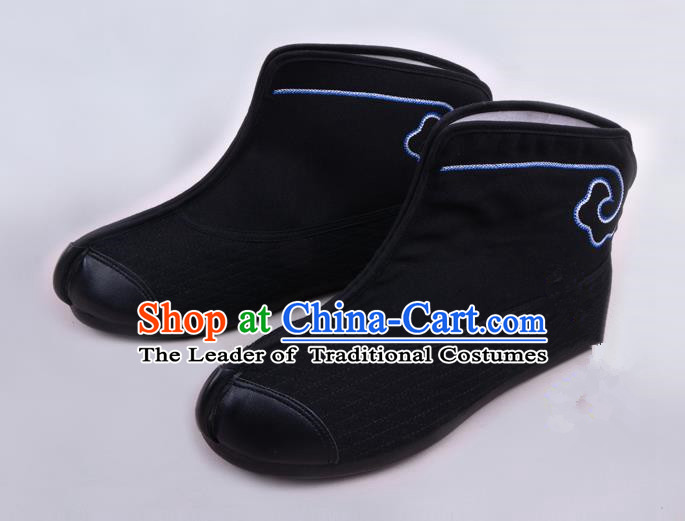 Traditional Beijing Opera Takefu Shoes Young Men Warrior Quick Boots, Ancient Chinese Peking Opera Wu-Sheng Black Shoes