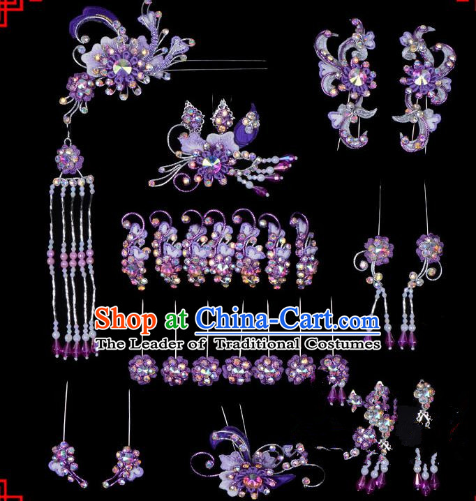 Traditional Beijing Opera Diva Hair Accessories Head Ornaments Complete Set Purple Hairpins, Ancient Chinese Peking Opera Hua Tan Hair Stick Headwear