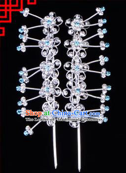 Traditional Beijing Opera Diva Hair Accessories Blue Crystal Plum Blossom Head Ornaments Hairpins, Ancient Chinese Peking Opera Hua Tan Hair Stick Headwear