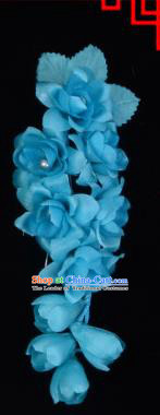 Traditional Beijing Opera Diva Hair Accessories Temples Blue Silk Flowers Head Ornaments Hairpins, Ancient Chinese Peking Opera Hua Tan Hair Stick Headwear