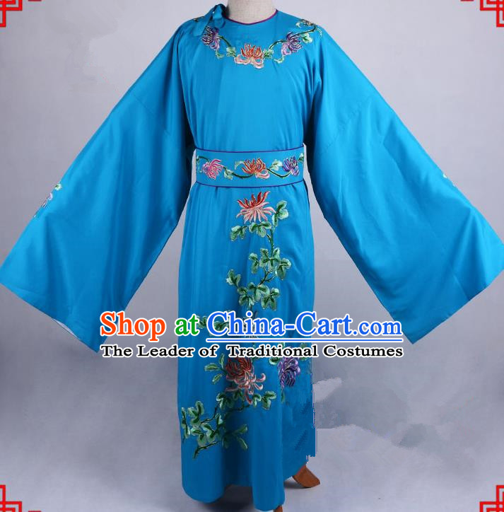 Top Grade Professional Beijing Opera Niche Costume Gifted Scholar Blue Embroidered Robe, Traditional Ancient Chinese Peking Opera Embroidery Chrysanthemum Clothing