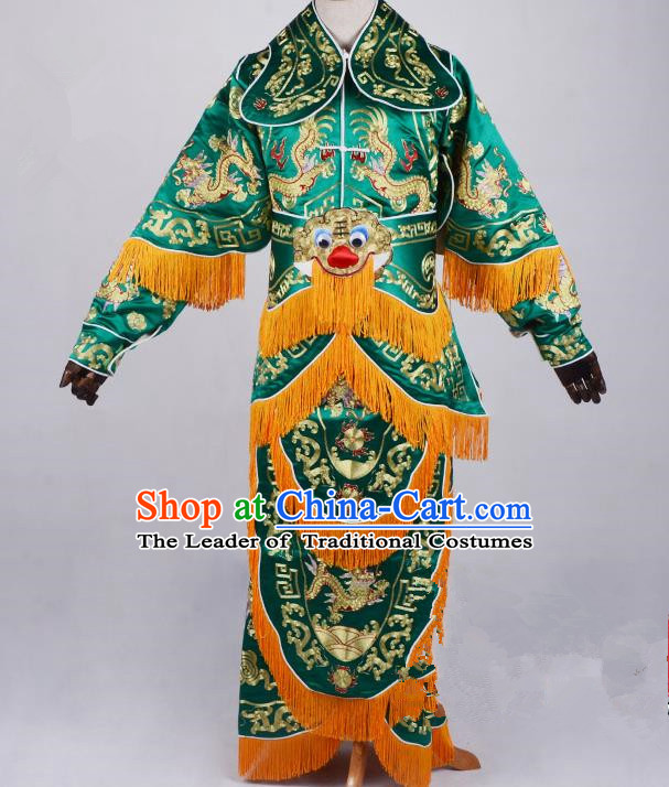 Top Grade Professional Beijing Opera General Costume Green Silk Embroidered Robe, Traditional Ancient Chinese Peking Opera Military Officer Embroidery Robe Clothing