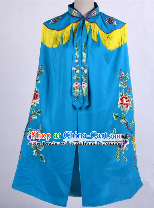 Top Grade Professional Beijing Opera Female General Costume Swordplay Blue Embroidered Cloak, Traditional Ancient Chinese Peking Opera Mu Guiying Embroidery Mantle Clothing