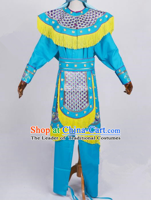 Top Grade Professional Beijing Opera Female Warriors Costume Swordplay Blue Embroidered Dress, Traditional Ancient Chinese Peking Opera Blues Embroidery Clothing