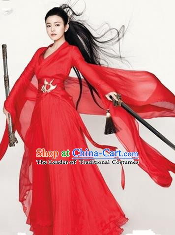 Traditional Ancient Chinese Han Dynasty Swordswoman Wedding Costume, Elegant Hanfu Clothing Chinese Fairy Red Dress Little Dragon Maiden Clothing