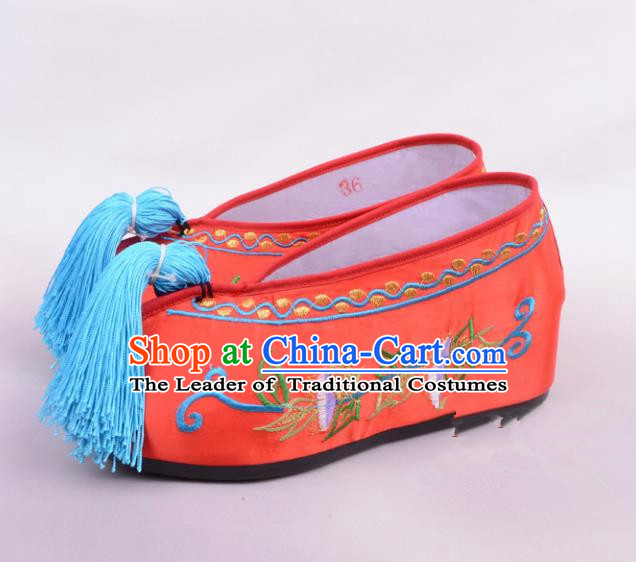 Traditional Beijing Opera Hua Tan Embroidered Shoes Princess Red Shoes, Ancient Chinese Peking Opera Diva Blood Stained Shoes