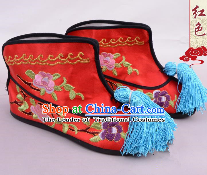 Traditional Beijing Opera Swordplay Embroidered Red Boots Young Lady Shoes, Ancient Chinese Peking Opera Blues Embroidery Peony Shoes