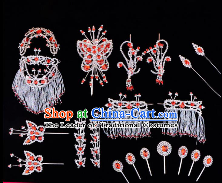 Traditional Beijing Opera Diva Hair Accessories Red Crystal Head Ornaments Complete Set, Ancient Chinese Peking Opera Hua Tan Hairpins Phoenix Step Shake Headwear