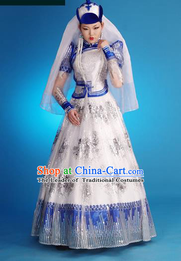 Traditional Chinese Mongol Nationality Costume Female White Wedding Dress Mongolian Robe, Chinese Mongolian Minority Nationality Princess Embroidery Costume for Women