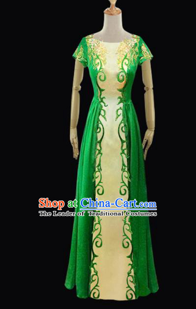 Traditional Chinese Mongol Nationality Dance Costume Female Green Full Dress, Chinese Mongolian Minority Nationality Embroidery Clothing for Women
