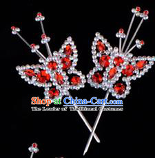 Traditional Beijing Opera Diva Hair Accessories Red Crystal Head Ornaments Butterfly Hairpin, Ancient Chinese Peking Opera Hua Tan Hairpins Headwear