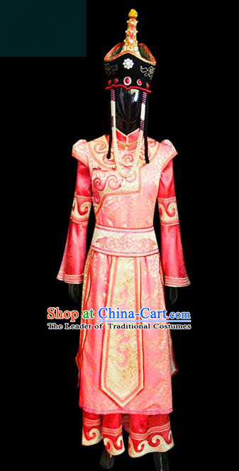 Traditional Chinese Mongol Nationality Dance Costume Princess Red Dress, Chinese Mongolian Minority Nationality Embroidery Clothing for Women