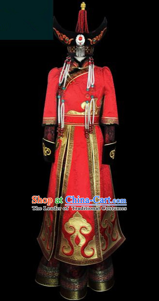 Traditional Chinese Mongol Nationality Dance Costume Princess Red Wedding Dress, Chinese Mongolian Minority Nationality Embroidery Mongolian Robe Clothing for Women
