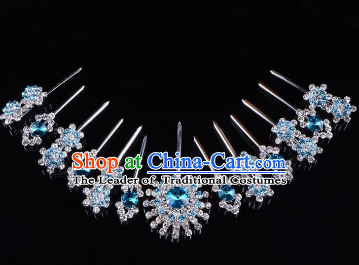 Traditional Beijing Opera Diva Hair Accessories Blue Crystal Hairpins Head Ornaments Complete Set, Ancient Chinese Peking Opera Hua Tan Hair Stick Headwear