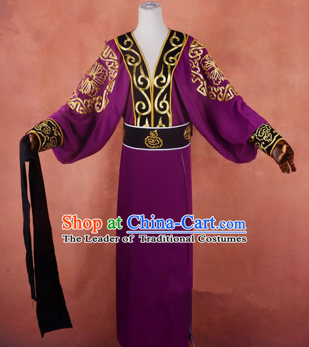 Top Grade Professional Beijing Opera Taoist Priest Costume Purple Embroidered Robe, Traditional Ancient Chinese Peking Opera Elder Zhang Guo Embroidery Clothing