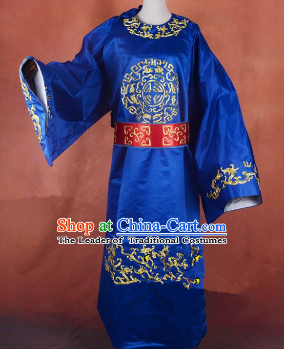 Top Grade Professional Beijing Opera Taoist Priest Costume Blue Embroidered Robe, Traditional Ancient Chinese Peking Opera Embroidery Gwanbok Clothing