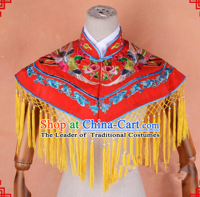 Top Grade Professional Beijing Opera Palace Lady Costume Hua Tan Red Embroidered Cloud Shoulder, Traditional Ancient Chinese Peking Opera Diva Wedding Embroidery Clothing