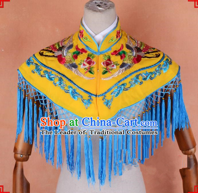 Top Grade Professional Beijing Opera Palace Lady Costume Hua Tan Yellow Embroidered Cloud Shoulder, Traditional Ancient Chinese Peking Opera Diva Embroidery Clothing
