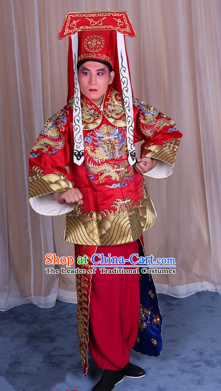 Traditional China Beijing Opera Takefu Red Silk Costume, Ancient Chinese Peking Opera Wu-Sheng Imperial Bodyguard Embroidery Gwanbok Clothing