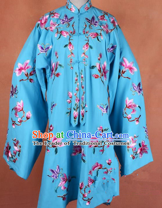 Top Grade Professional Beijing Opera Young Lady Costume Hua Tan Blue Embroidered Outerwear, Traditional Ancient Chinese Peking Opera Diva Embroidery Mangnolia Clothing