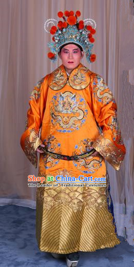 Top Grade Professional Beijing Opera Emperor Costume Yellow Embroidered Robe Gwanbok, Traditional Ancient Chinese Peking Opera Royal Highness Embroidery Dragons Clothing