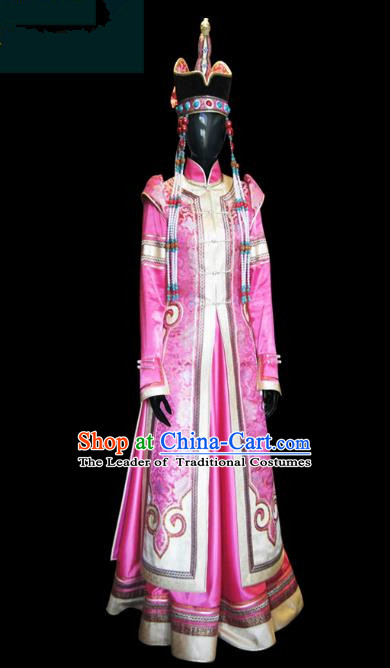 Traditional Chinese Mongol Nationality Dance Costume Female Pink Mongolian Robe and Hat, Chinese Mongolian Minority Nationality Embroidery Clothing for Women