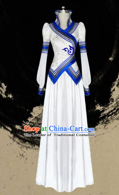 Traditional Chinese Mongol Nationality Dance Costume Female White Pleated Dress, Chinese Mongolian Minority Nationality Princess Embroidery Clothing for Women