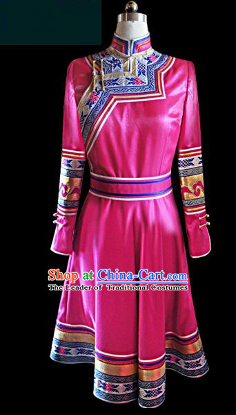 Traditional Chinese Mongol Nationality Dance Costume Female Dress, Chinese Mongolian Minority Nationality Princess Pink Mongolian Robe Embroidery Clothing for Women