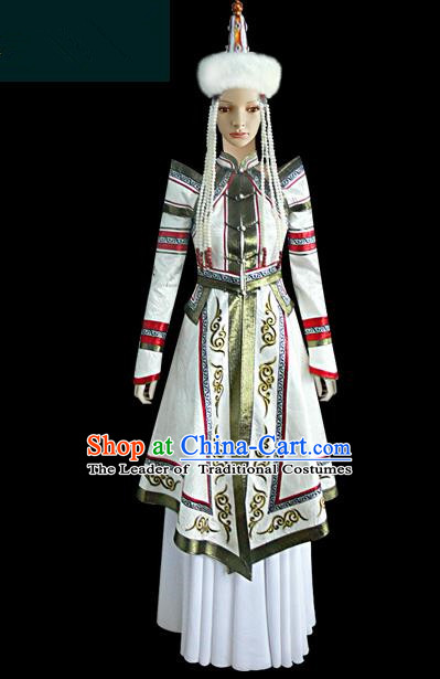 Traditional Chinese Mongol Nationality Dance Costume Female White Mongolian Robe, Chinese Mongolian Minority Nationality Princess Embroidery Costume for Women