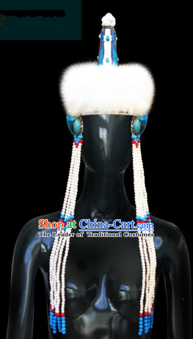 Traditional Chinese Mongol Nationality Hair Accessories Princess Beads Tassel Wool Blue Hat, Chinese Mongolian Minority Nationality Headwear for Women