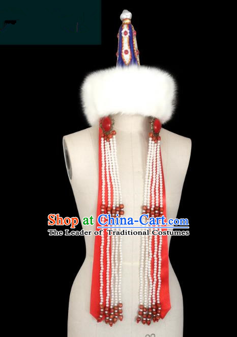 Traditional Chinese Mongol Nationality Hair Accessories Princess Beads Tassel Wool Red Hat, Chinese Mongolian Minority Nationality Headwear for Women